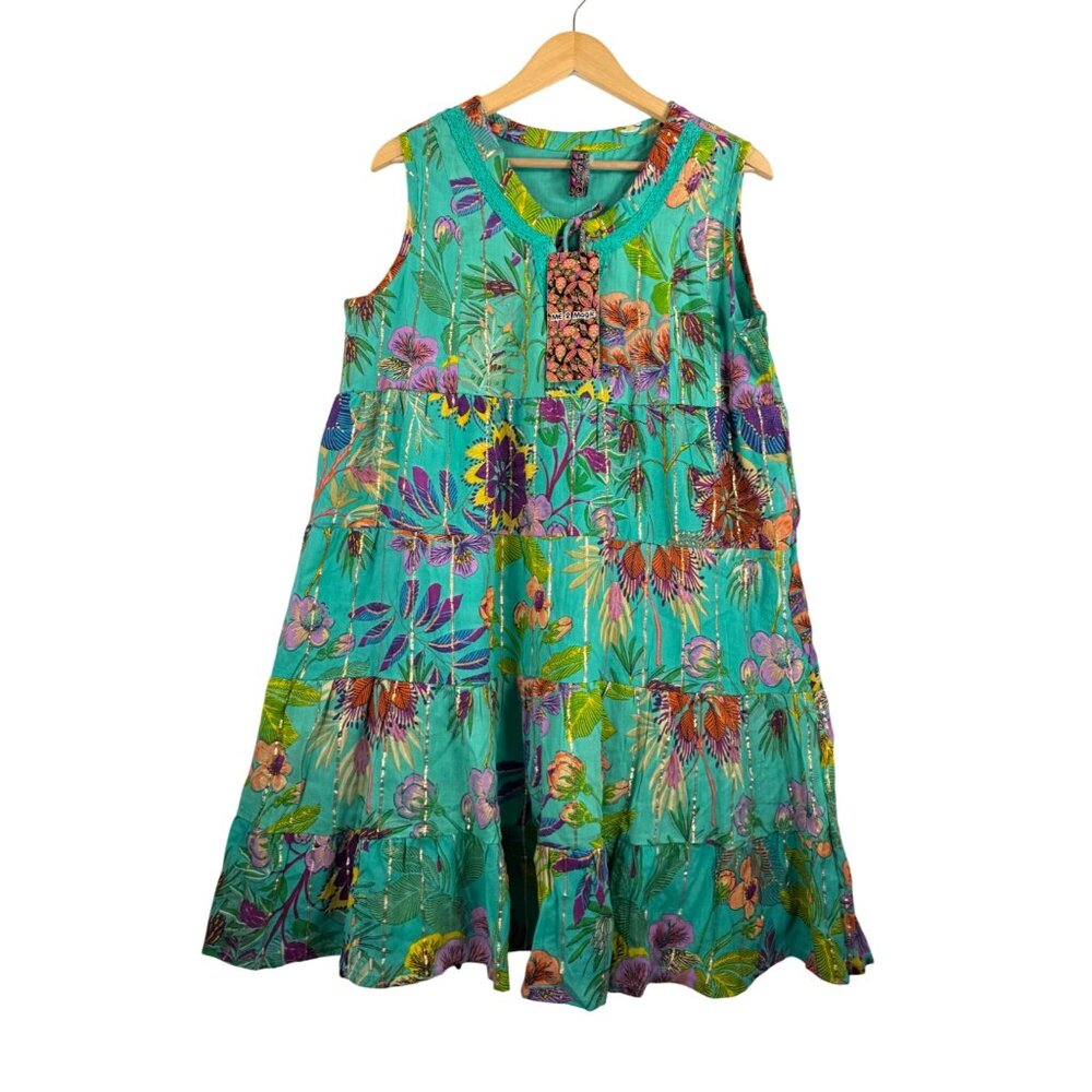 Me 2 Magic‎ babydoll tiered embroidered floral dress teal cottage core sz L